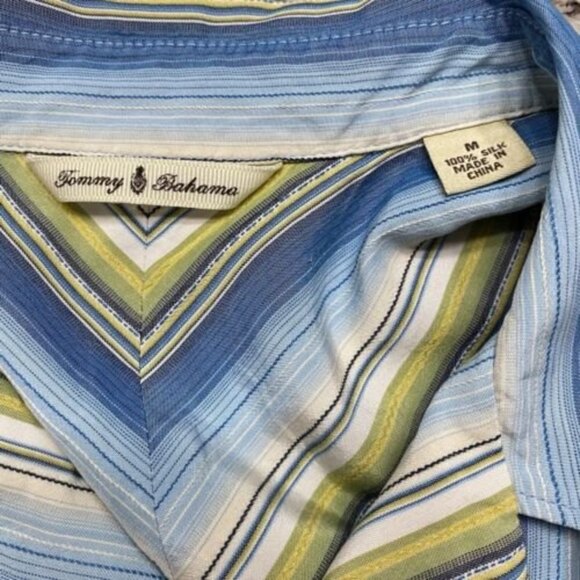 Tommy Bahama Men's Shirt Medium Silk Blue Green Stripe Short Sleeve - Picture 4 of 4